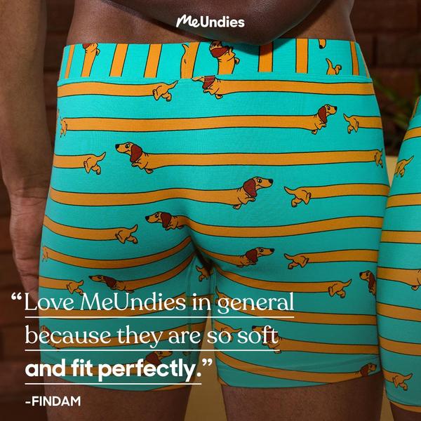 A 1:1 format ad creative featuring a close-up, bottom-up product shot of patterned boxer briefs overlaid with a high-trust customer testimonial.